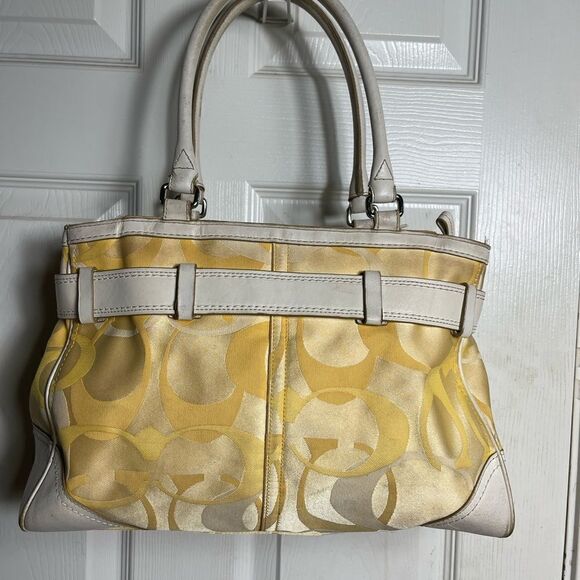 Coach Hampton Signature Canvas Satchel yellow & gold Beige leather trim & straps - Picture 6 of 16